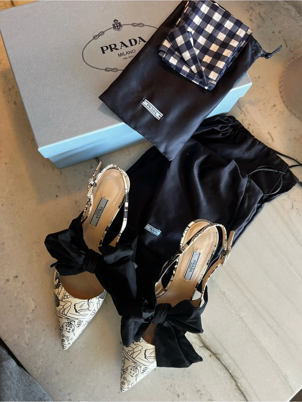 Prada Cream & Black Comic Strip Printed Bow Slingback Pumps. Very Special.